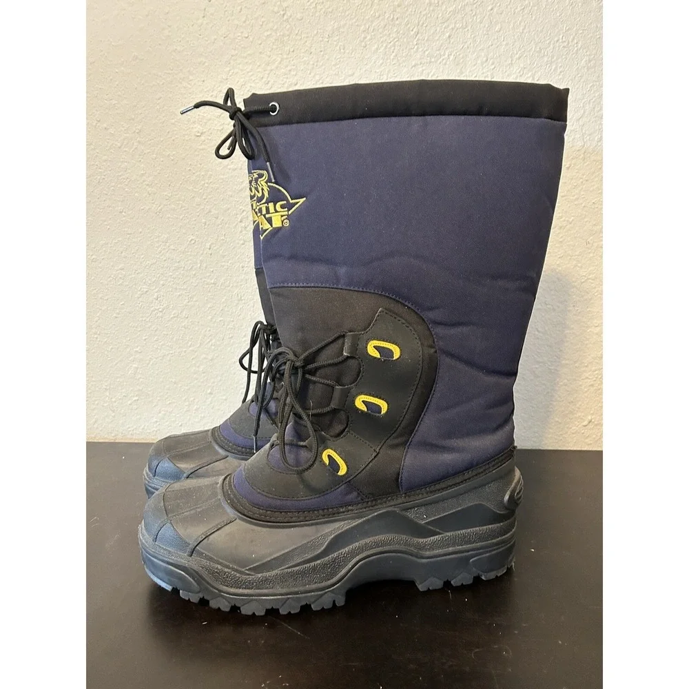 Vintage Arctic Cat Snowmobile Boots Wool Inserts Men 12 Blue Black Embroidered